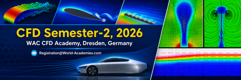 Banner for WAC CFD Academy CFD Semester 2 2026 course on computational fluid dynamics, showing aircraft and CFD simulation visuals